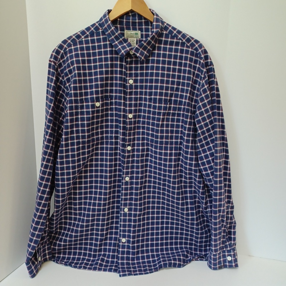 L.L. Bean 100% Cotton Plaid Button Up shirt Mens XL - Reg Red‎ White Blue
